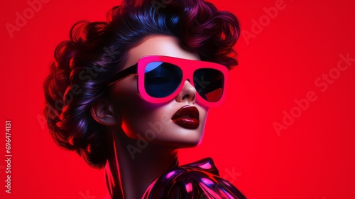model with hair and sunglasses in neon 80s style on isolated background with copy spcae photo