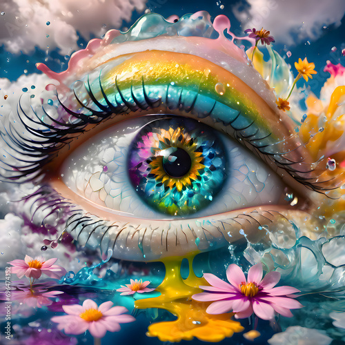 Close-up of beautiful female eye with ornaments, Mysterious psychedelic relaxation pattern, iris and flowers © JoorJuna
