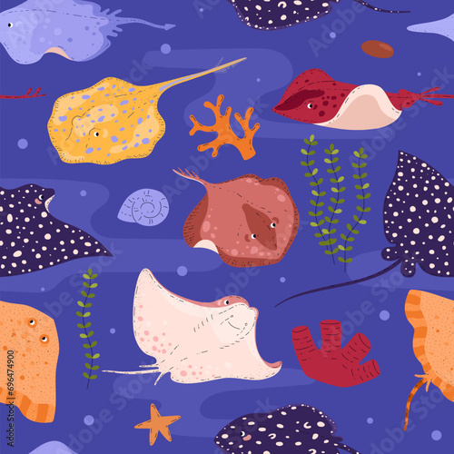 Seamless pattern with sea underwater nature with various stingrays fishes, algae, corals, vector marine fauna and flora