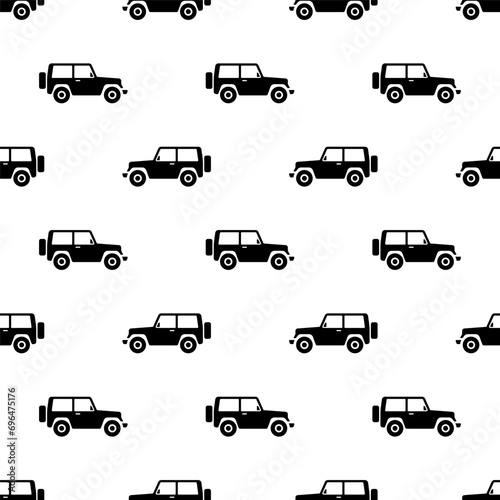 Black small SUVs isolated on a white background. Monochrome off-road seamless pattern. Vector simple flat graphic illustration. Texture.