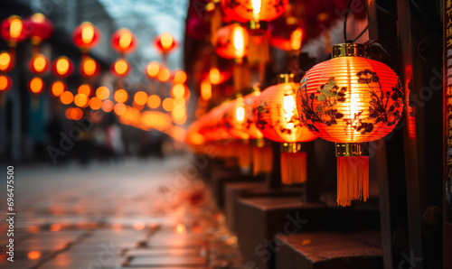 Traditional Chinese lanterns illuminating a street for Lunar New Year celebration, representing prosperity and festivity