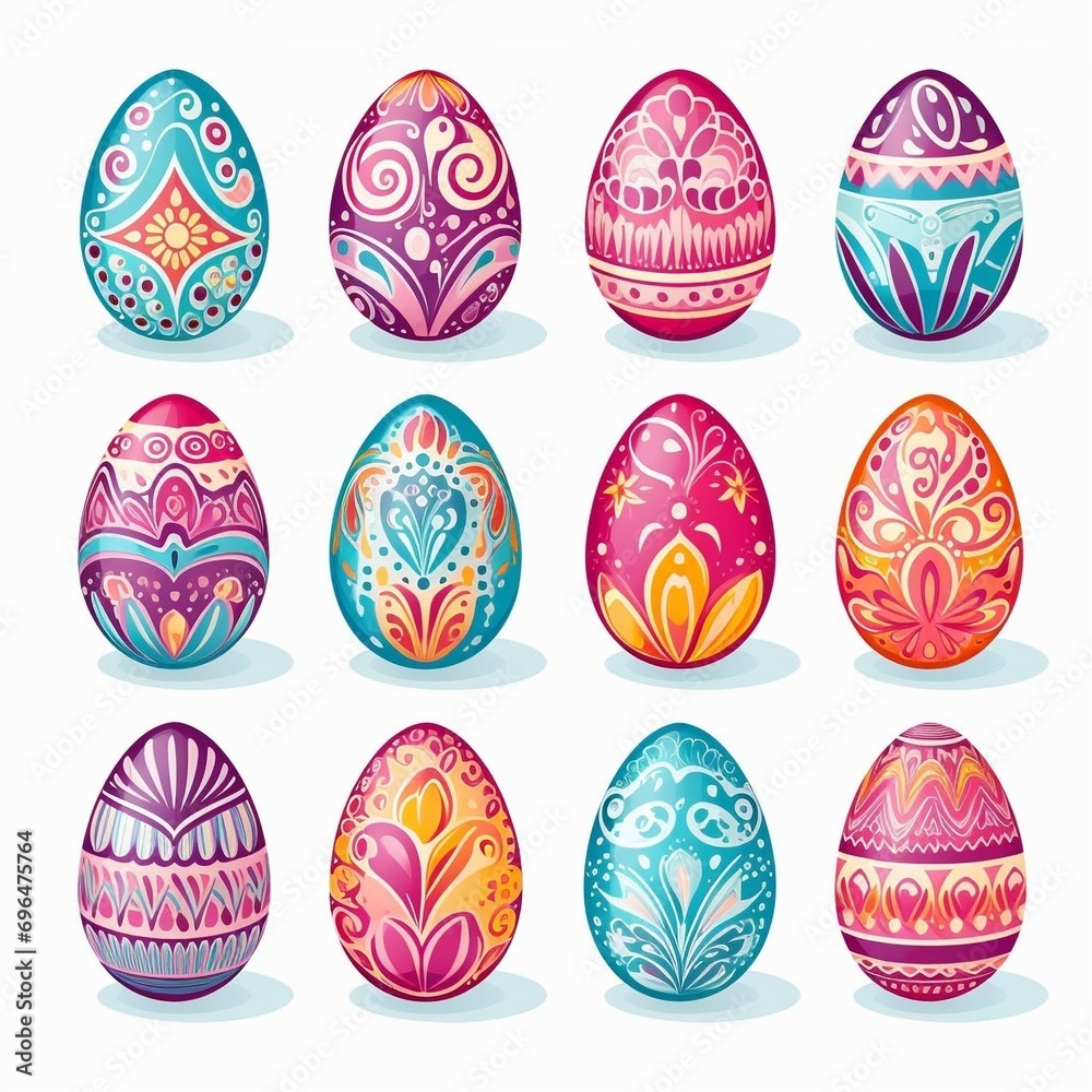Set with colorful Easter eggs on white background, 12 eggs icon for app
