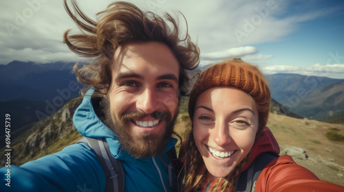 Young group of hiker friends taking selfie portrait on the top of mountain © BeautyStock
