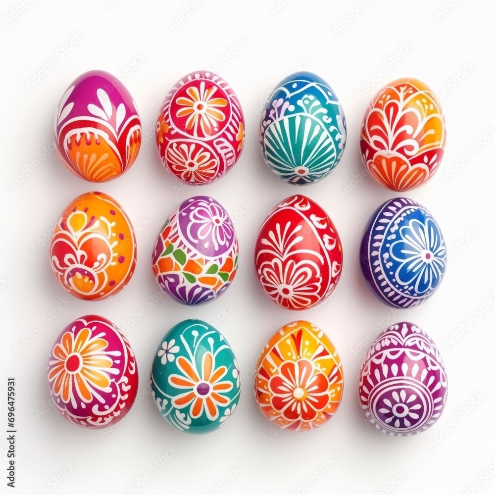 Set with colorful realistic Easter eggs on white background, 12 eggs icon for app