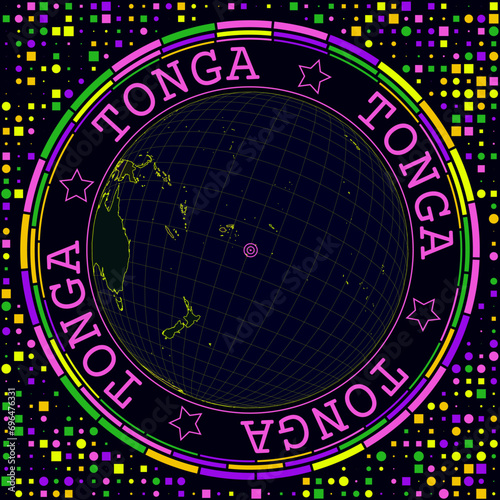 Futuristic Tonga on globe. Bright neon satelite view of the world centered to Tonga. Geographical illustration with shape of country and geometric background. Trendy vector illustration. photo