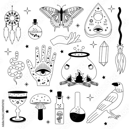 Witchy magic set. Set of witchcraft items. Collection of witchy magic and esoteric equipment. Vector illustration of mythical elements.