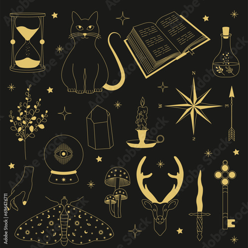 Witchy magic set. Set of witchcraft items. Collection of witchy magic and esoteric equipment. Vector illustration of mythical elements.