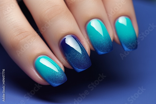 Close up of woman's fingernails with dark blue and turquoise ombre colored nail polish design with glitter. photo