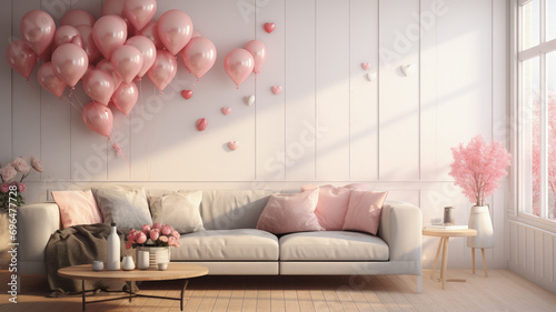 salón moderno decorado con mesa de madera con jarrón y flores, gran sofá con cojines junto a mesita y jarrón con flores y ventana lateral, sobre fondo de pared decorada con globos rosas photo