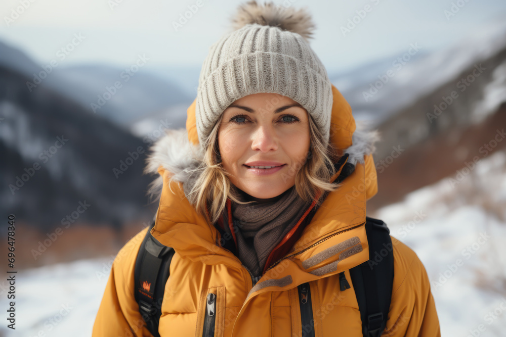 Portrait of a sporty woman in the mountains in winter in an orange jacket. Portrait of a sporty woman in the mountains in winter in an orange jacket.