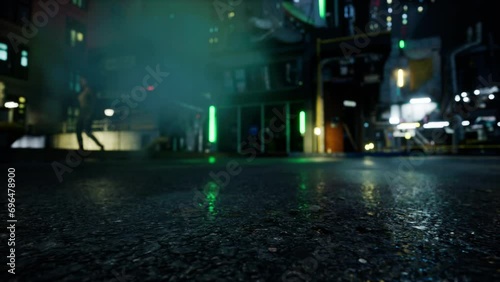 Street in Cybercity, road closeup, people on the blurred background, 3d Animation