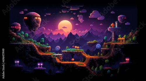night landscape in pixel art style with castle  city  clouds and moon