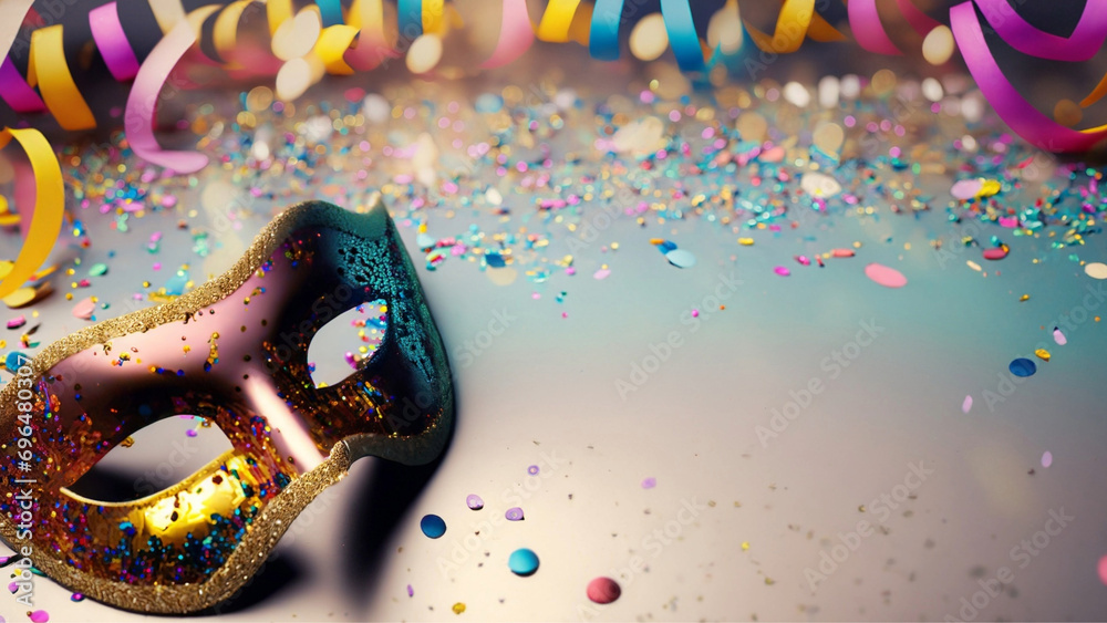 Uma máscara de Carnaval sobre uma superfície cheia de confete e serpentina espalhados. - obrazy, fototapety, plakaty 