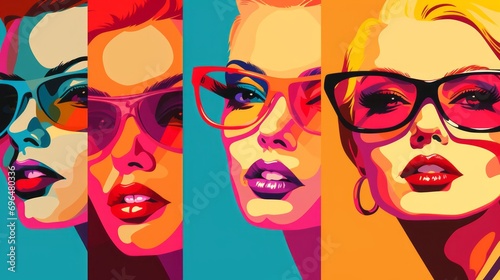 Graphic illustration of a woman's face in pop art style on a multi color background with space for text and customizable graphic elements