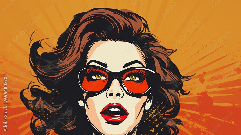 Graphic illustration of a woman's face in pop art style on a multi color background with space for text and customizable graphic elements Graphic illustration of a woman's face in pop art style on a multi color background with space for text and customizable graphic elements