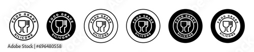 Food grade silicone icon. dining food culinary tableware utensil made with silicone grade food fork or spoon and glass quality stamp badge symbol. kitchen cutlery safe mark vector set