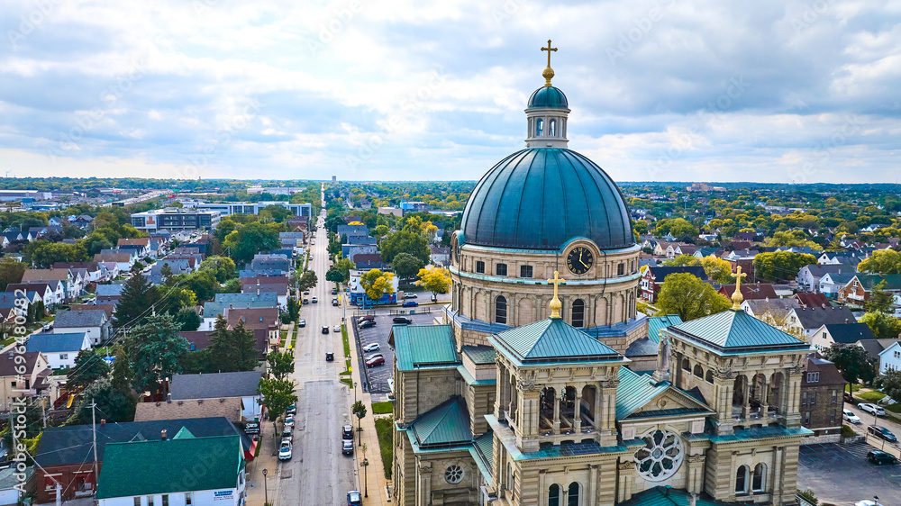Aerial View of Teal Domed Church in Suburban Milwaukee