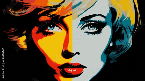 Graphic illustration of a woman s face in pop art style on a black background with space for text and customizable graphic elements