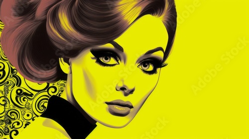 Graphic illustration of a woman's face in pop art style on a yellow background with space for text and customizable graphic elements