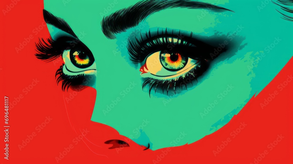 Graphic illustration of a woman's face in pop art style on a emerald background with space for text and customizable graphic elements