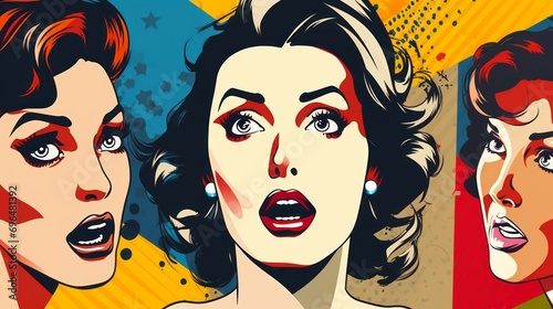 Graphic illustration of a woman's face in pop art style on a multicolor background with space for text and customizable graphic elements