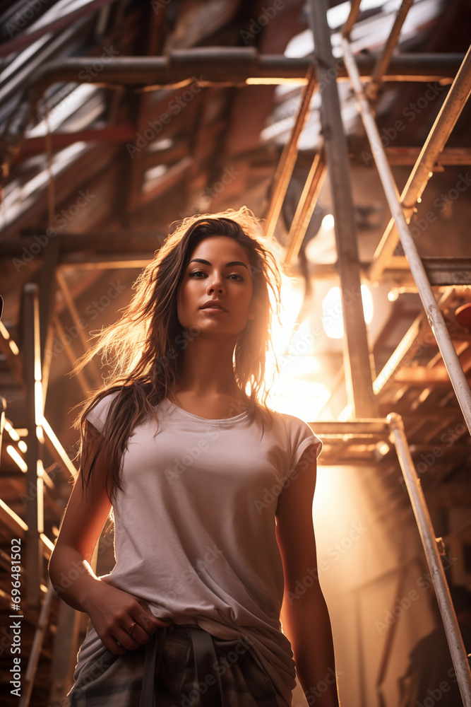 a woman is standing in an industrial structure with beams and scaffolding a woman is standing in an industrial structure with beams and scaffolding