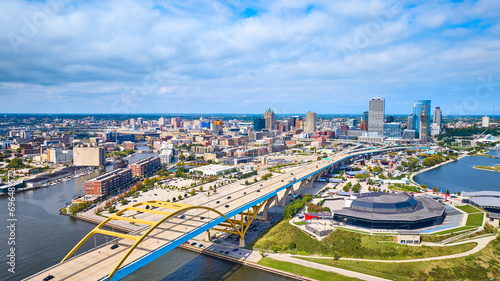 Aerial View of Milwaukee Cityscape with Stadium and Hoan Bridge Panorama photo