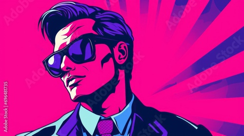 Graphic illustration of a man face in pop art style on a red isolated background with space for text and customizable graphic elements
