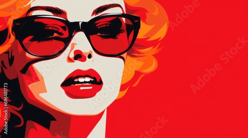 Graphic illustration of a woman's face in pop art style on a red isolated background with space for text and customizable graphic elements