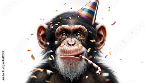 Funny Monkey in party greeting to New Year. Generative Ai. Cute chimpanzee with party hat and Party Horn in celebration photo