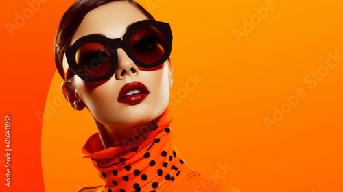 Illustration of a young woman's face with glasses in pop art style on an orange background for graphic advertising cover