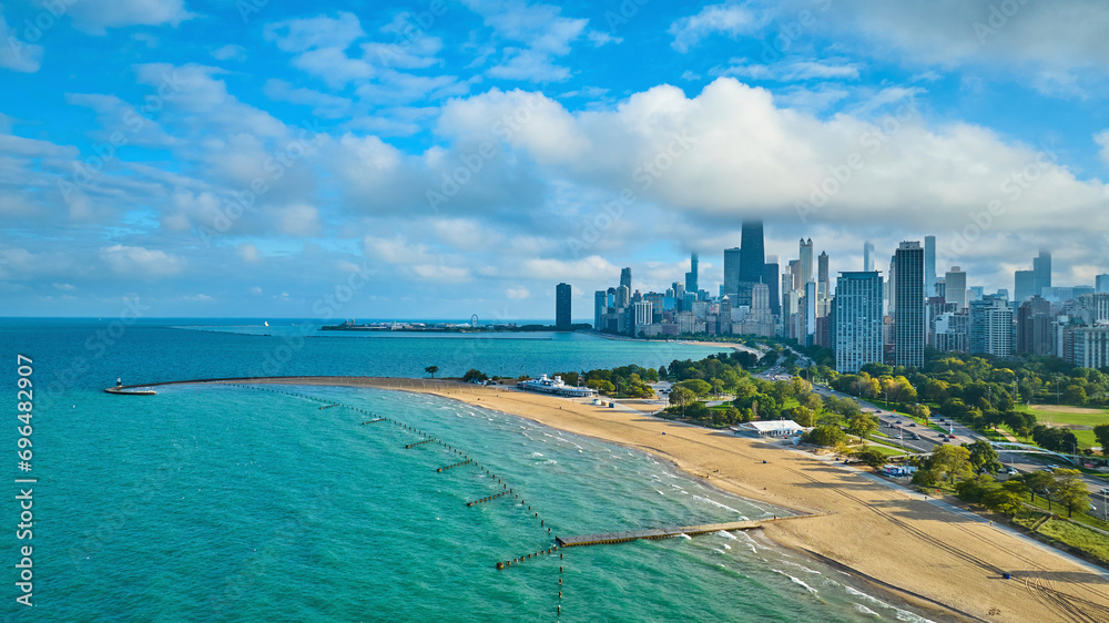 Gorgeous Lake Michigan and Chicago beach and coast aerial on sunny summer day, tourism and travel Gorgeous Lake Michigan and Chicago beach and coast aerial on sunny summer day, tourism and travel