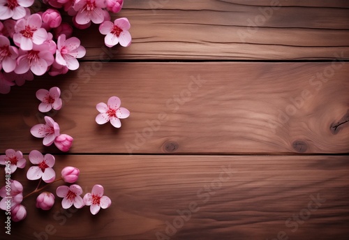 Pink flowers on wooden brown background. © Asad