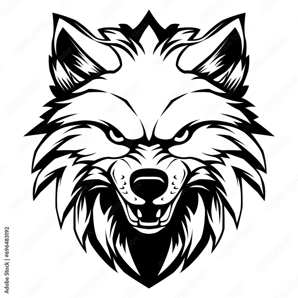 Wolf head with angry face drawing black and white design vector illustration