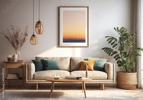 Frame mockup, ISO A paper size. Living room poster mockup. Interior mockup with house white background. Modern interior design. 3D render