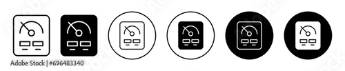 Meter icon. barometer or tachometer dial to measure speed or voltage level in car odometer set vector symbol. Energy gas fuel measurement and mileage control gauge dial meter vector sign
