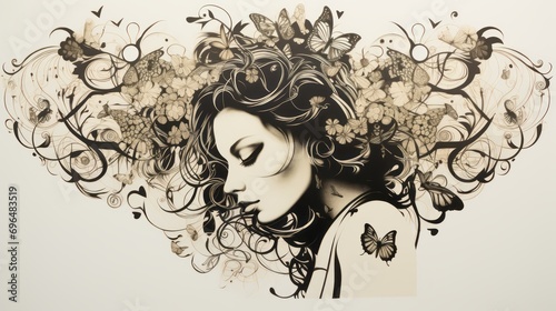 lllustration of woman with hair in stencil art style on white background