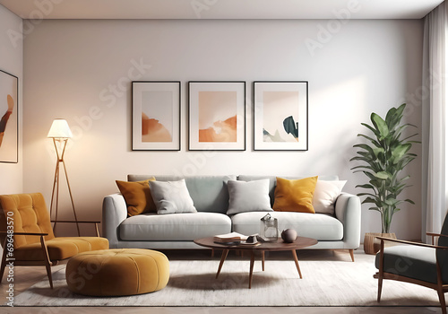 Frame mockup, ISO A paper size. Living room poster mockup. Interior mockup with house white background. Modern interior design. 3D render