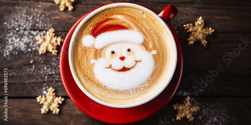 Pictures for decorating a coffee shop on Christmas day Cup of latte coffee with Santa Claus shape art on foam top view Christmas and New Year background.AI Generative