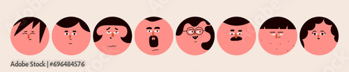 Round human portraits. Various faces, hairstyle, emotions. Cute funny characters. Cartoon, minimal, abstract contemporary style. Avatar, icon templates. Hand drawn Vector isolated illustrations