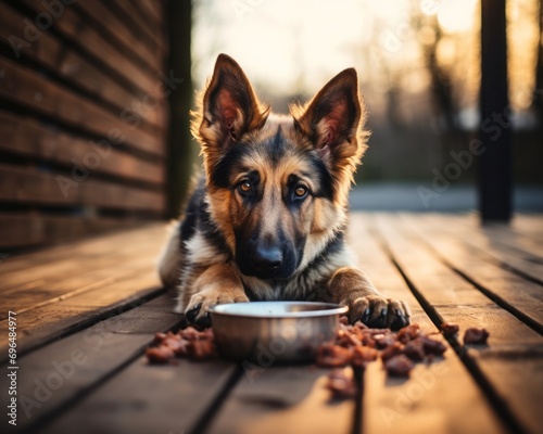 German Shepherd dog lying behind the bowl with kibble dog food, looking at the camera. photo