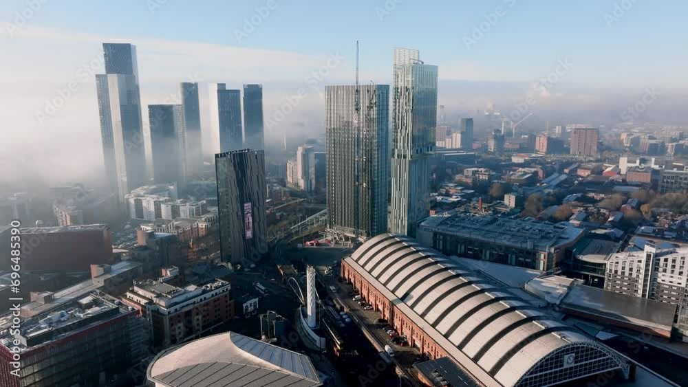 Manchester city UK  skyline winters day Fog aerial