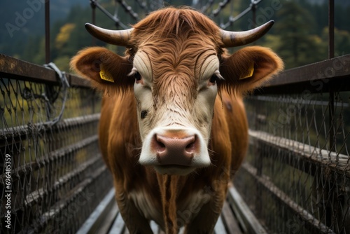 A cow crosses a bridge  close-up picture