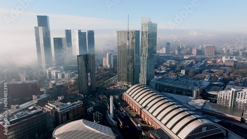 Manchester city UK  skyline winters day Fog aerial photo