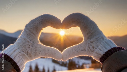 Female hands in winter gloves shaped Heart symbol. Sunset in the background