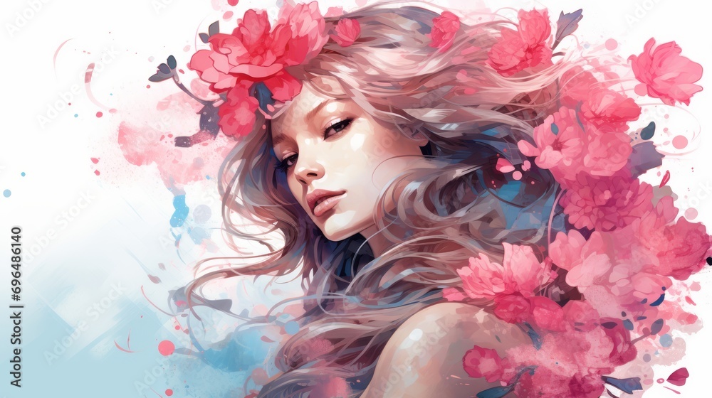 Watercolor-style illustration of a young woman's face expressing emotions of the female state of mind with colorated flower, fish and butterfly  on white background