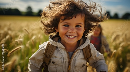 Joyful child running through the field 