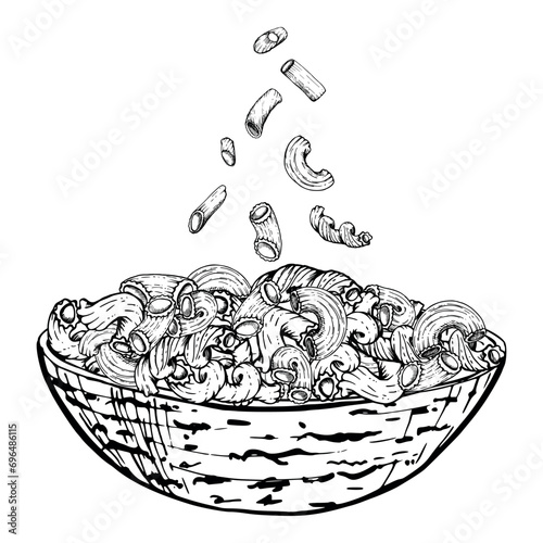 Hand drawn vector ink illustration. Pasta Italian cuisine dish elbows cavatappi penne fusilli rotini in a full bowl. Composition isolated on white. Restaurant, menu, food shop package, flyer, print.