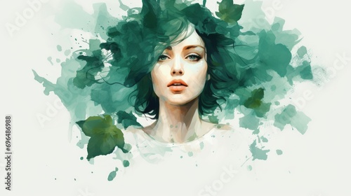 portrait of a woman with green eyes and leaf hair on white background with copy text space