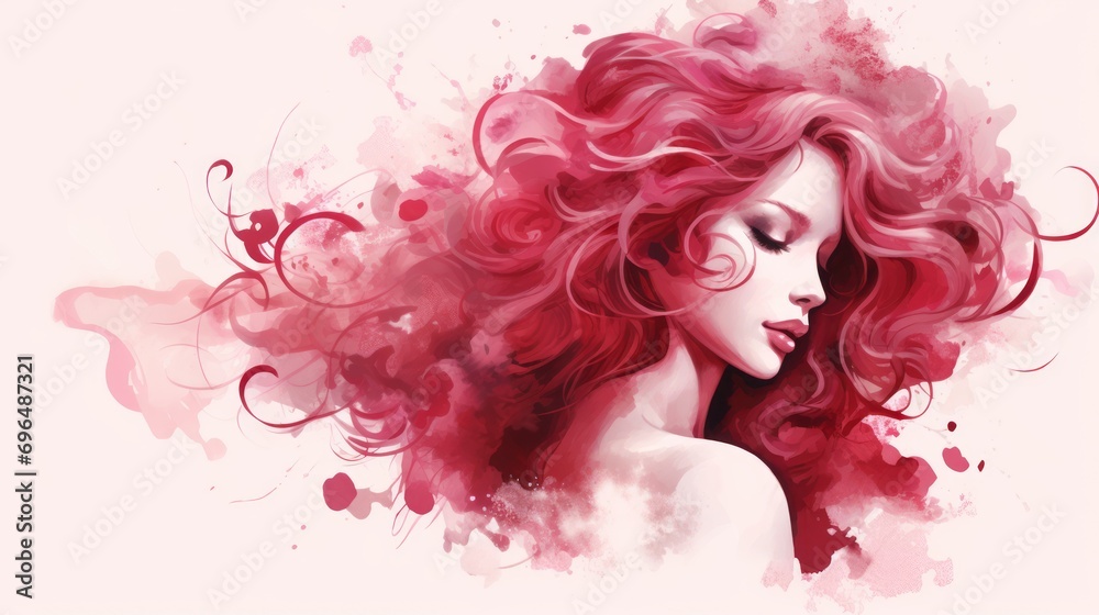Watercolor-style portrait of a woman with long red hair on a isolated white background